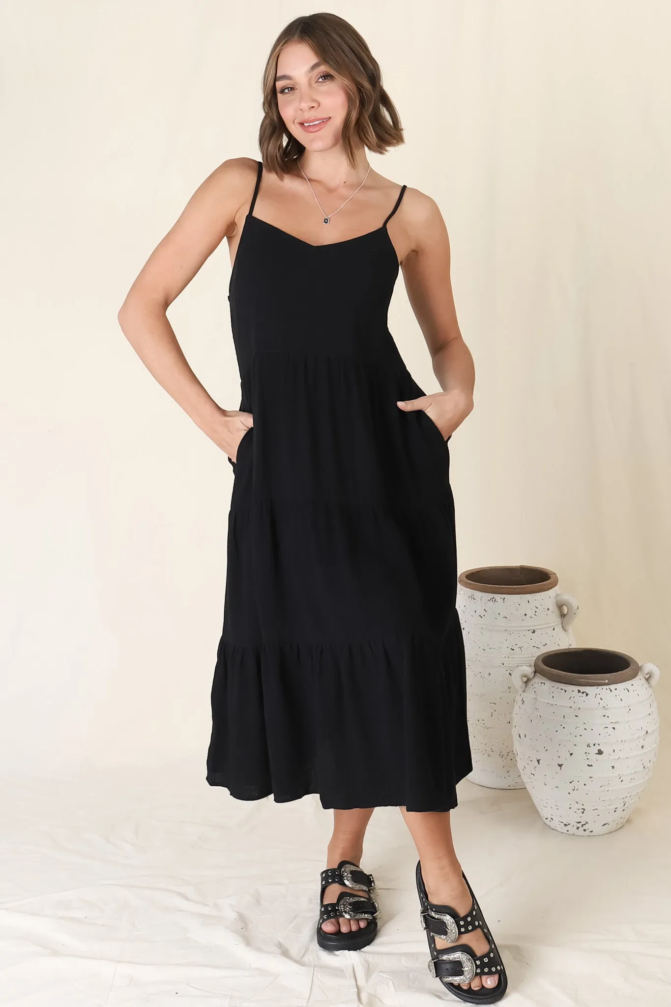Arlowe Midi Dress - Soft V Neckline Tiered Linen Sun Dress in Black sold by Salty Crush