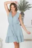 Cia Linen Mini Dress - Sleeveless Crochet Lattice Detail Pull Tie Waist Dress in Sky Blue sold by Salty Crush