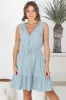 Cia Linen Mini Dress - Sleeveless Crochet Lattice Detail Pull Tie Waist Dress in Sky Blue sold by Salty Crush