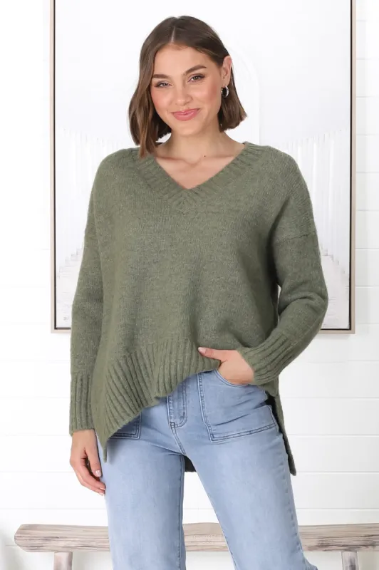Jonas Jumper - Relaxed High-Low Jumper With Seam Splits In Khaki sold by Salty Crush