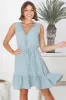 Cia Linen Mini Dress - Sleeveless Crochet Lattice Detail Pull Tie Waist Dress in Sky Blue sold by Salty Crush