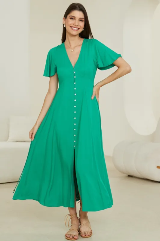 Taylor Maxi Dress - Cap Sleeve Button Down A Line Dress in Green sold by Salty Crush