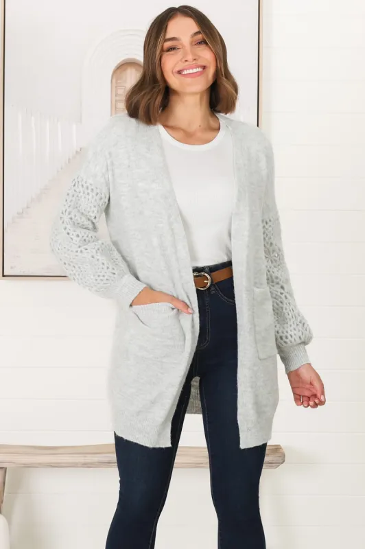 Lorena Cardigan - Holey Knit Sleeve Cardigan in Grey sold by Salty Crush