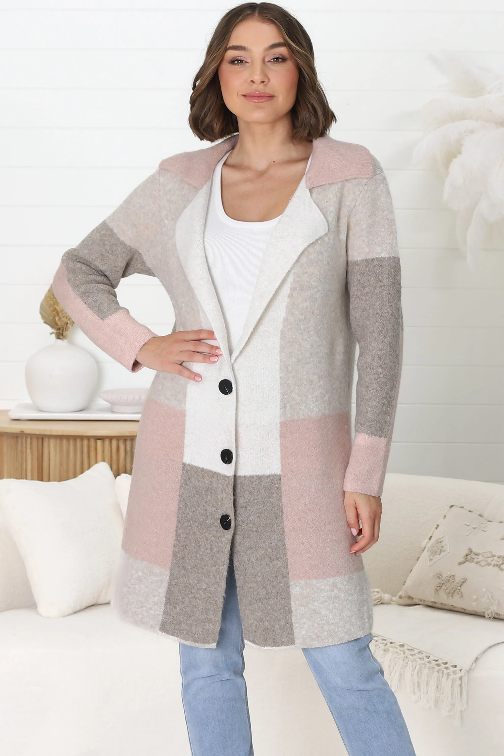 Emelyn Cardigan - Checkered Button Down Coatigan in Pink sold by Salty Crush