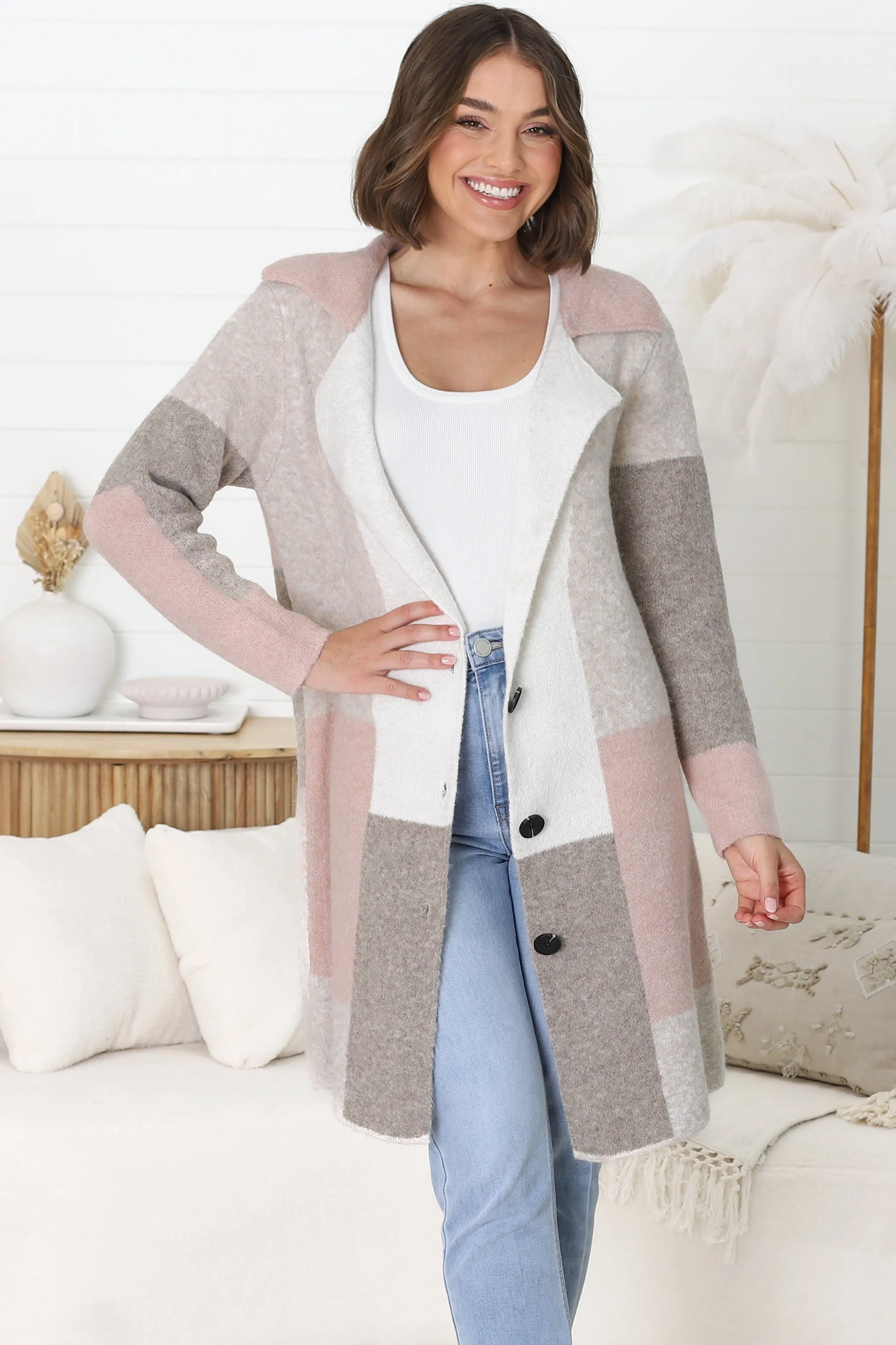 Emelyn Cardigan - Checkered Button Down Coatigan in Pink sold by Salty Crush product image thumbnail 4