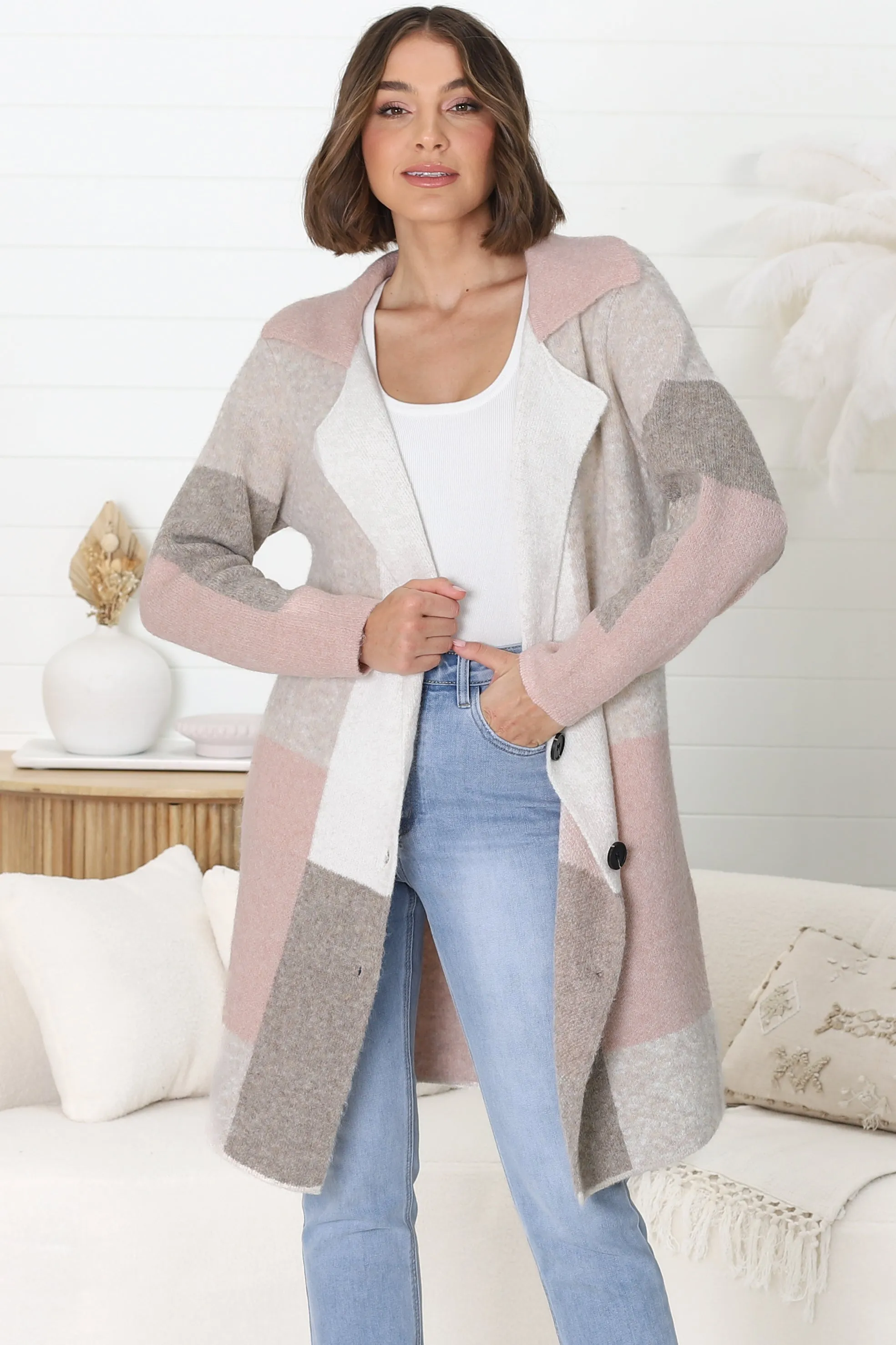 Emelyn Cardigan - Checkered Button Down Coatigan in Pink sold by Salty Crush product image thumbnail 5