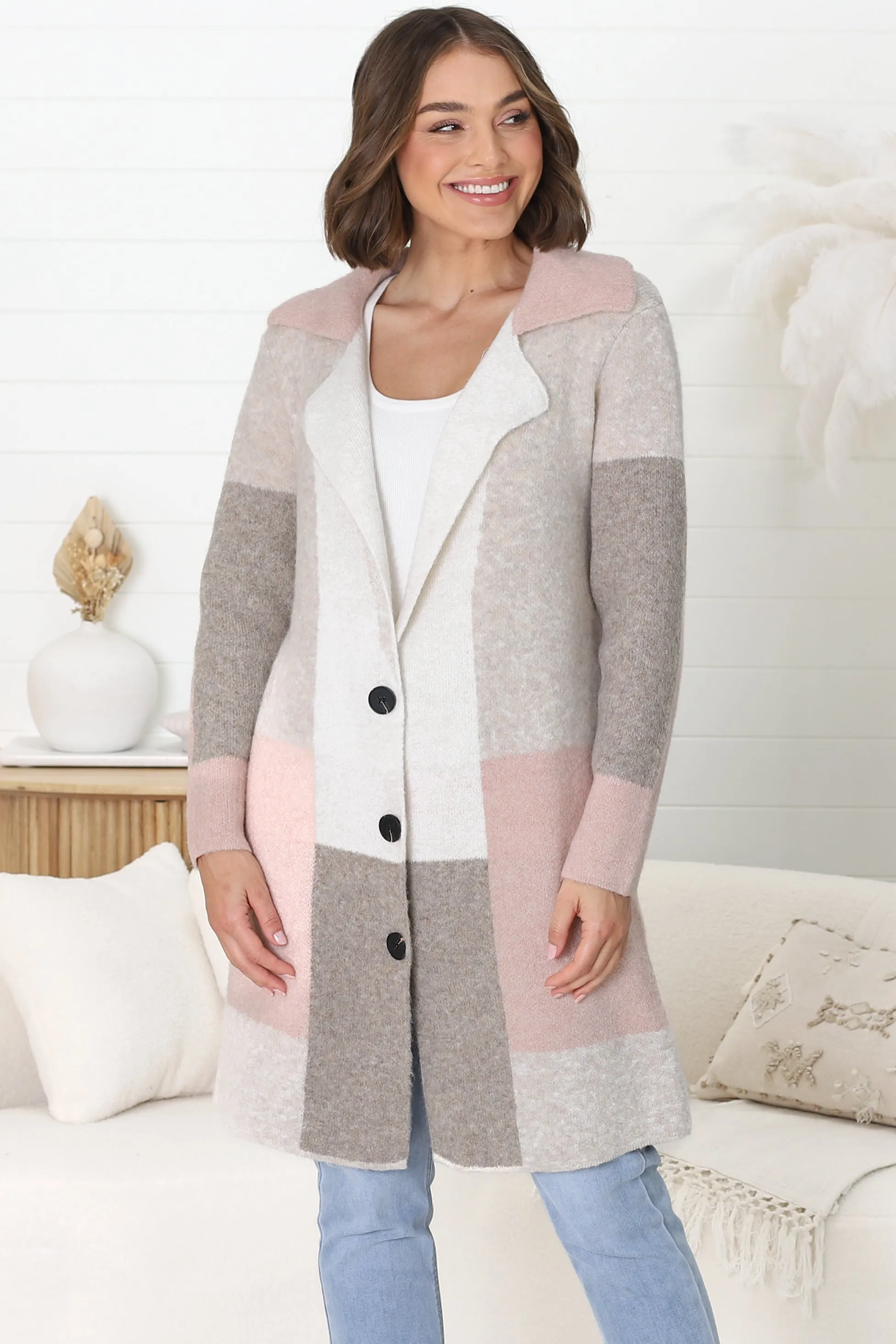 Emelyn Cardigan - Checkered Button Down Coatigan in Pink sold by Salty Crush product image thumbnail 3