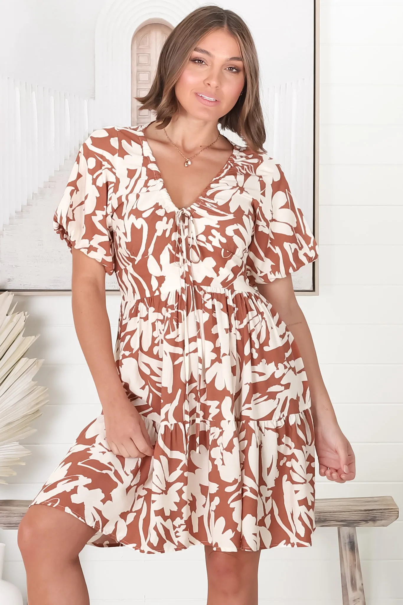 Lilly Mini Dress - Adjustable V Neckline Dress with Cap Sleeves in Charis Print Rust sold by Salty Crush product image thumbnail 2