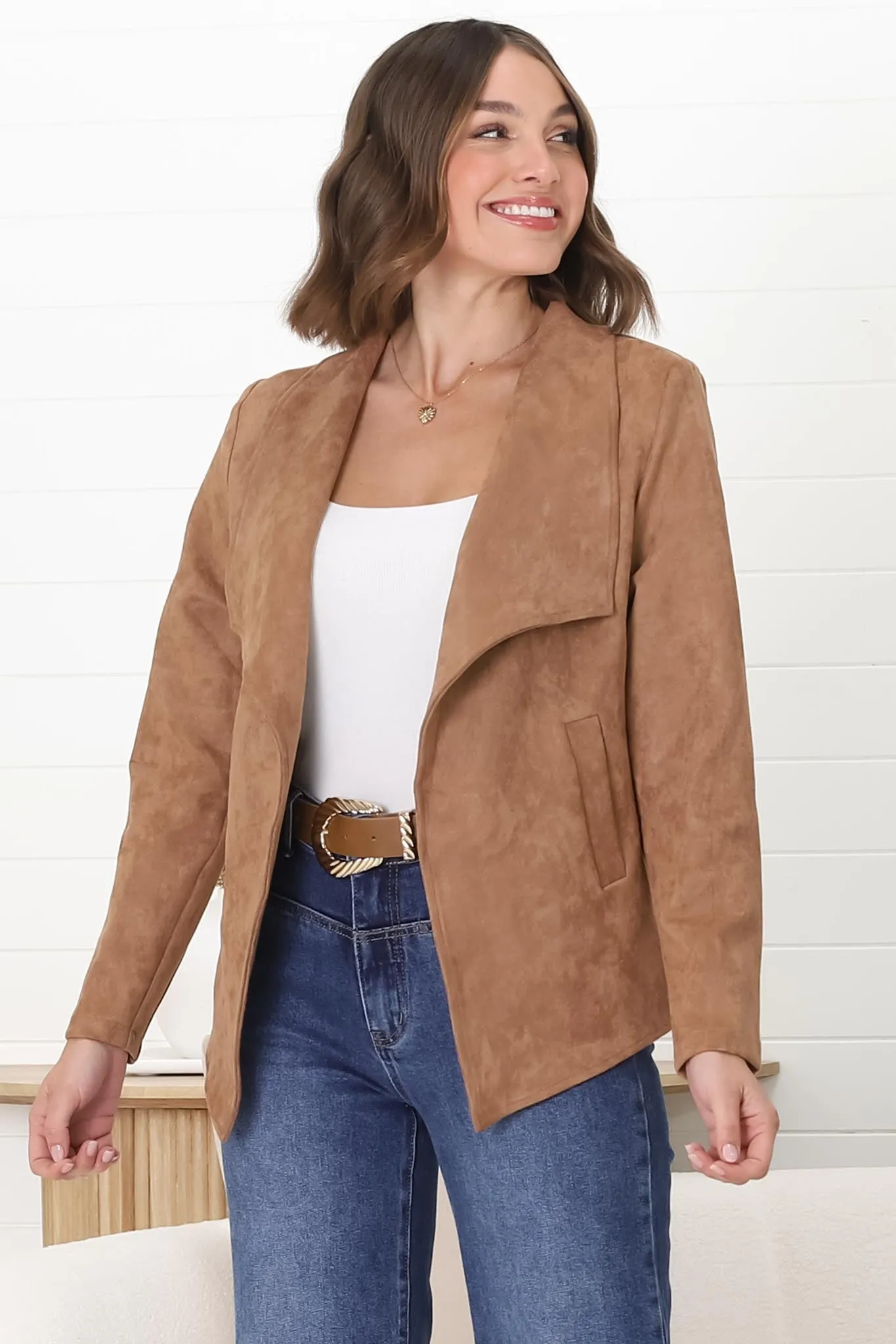 Ollie Suede Jacket - Waterfall Collar Open Front Faux Suede Jacket in Tan sold by Salty Crush product image thumbnail 5