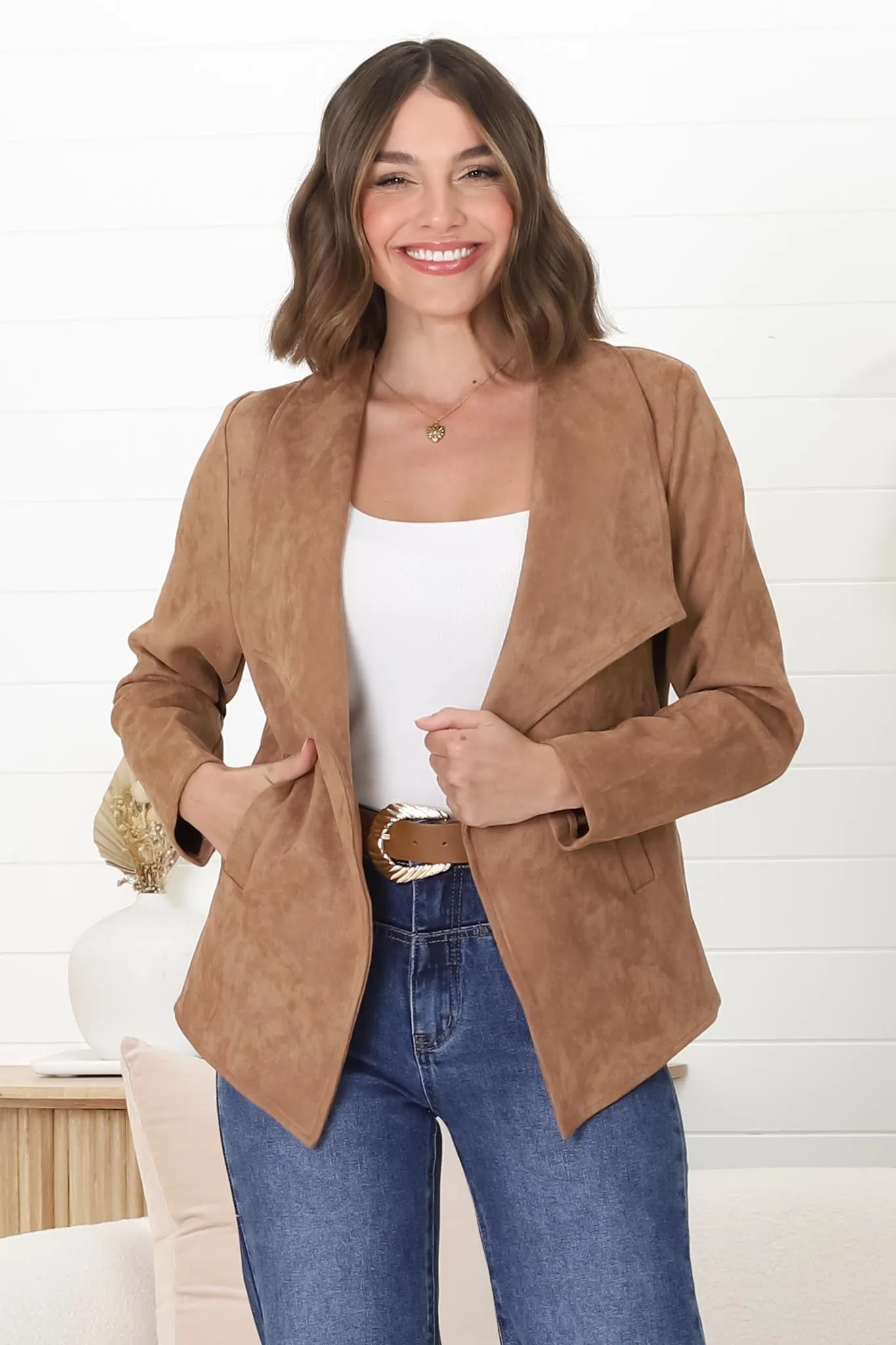 Ollie Suede Jacket - Waterfall Collar Open Front Faux Suede Jacket in Tan sold by Salty Crush