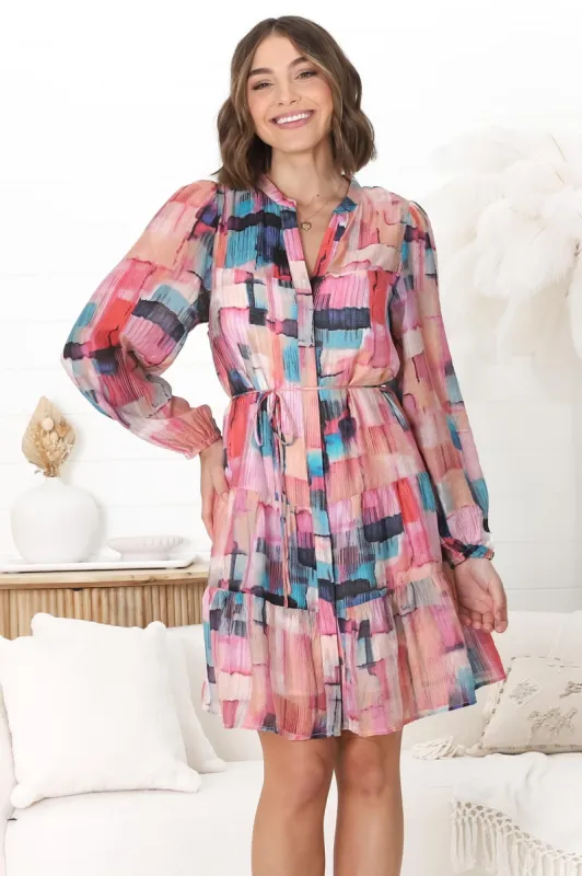 Cadell Mini Dress - Mandarin Collar Buttoned Down Dress in Ava Print sold by Salty Crush