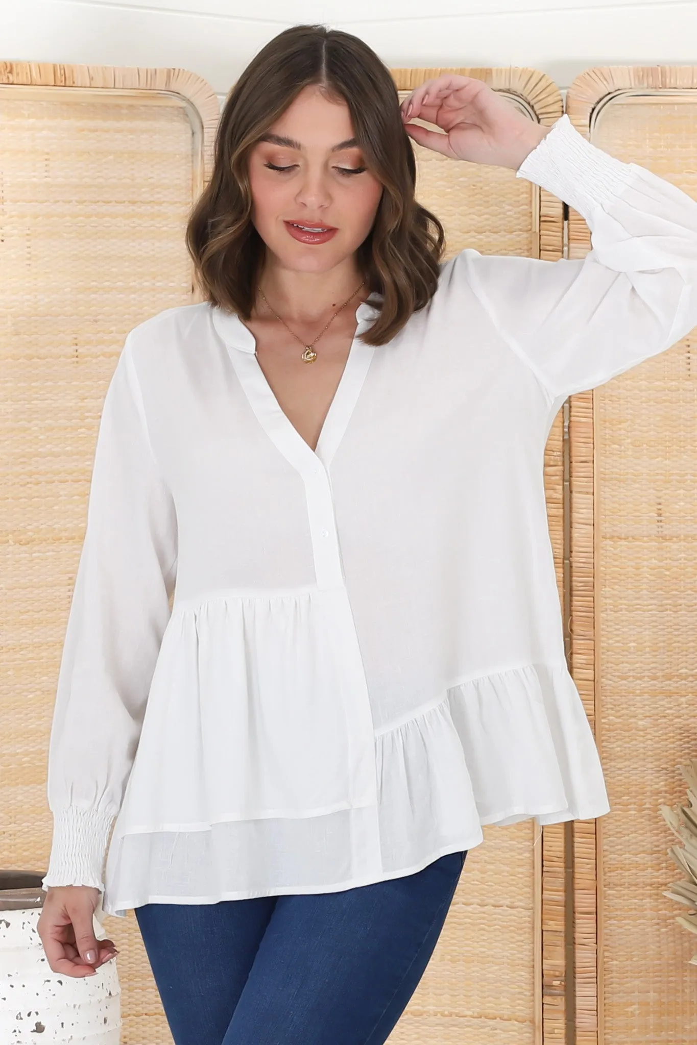 Nell Linen Top - A-Symmetric Detailed Button Down Shirt in White sold by Salty Crush product image thumbnail 5