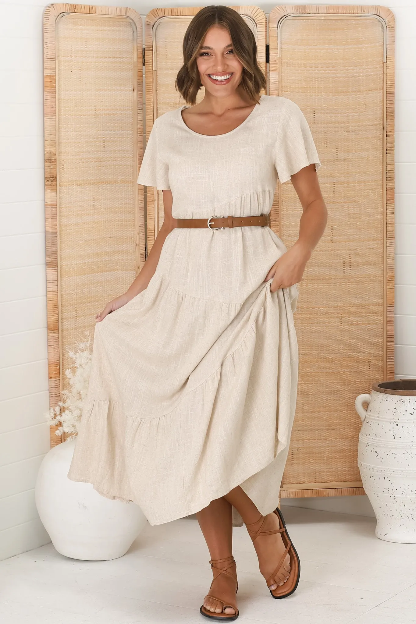 Allegra Midi Dress - Relaxed Asymmetric Tiered Linen Smock Dress in Oat sold by Salty Crush product image thumbnail 4