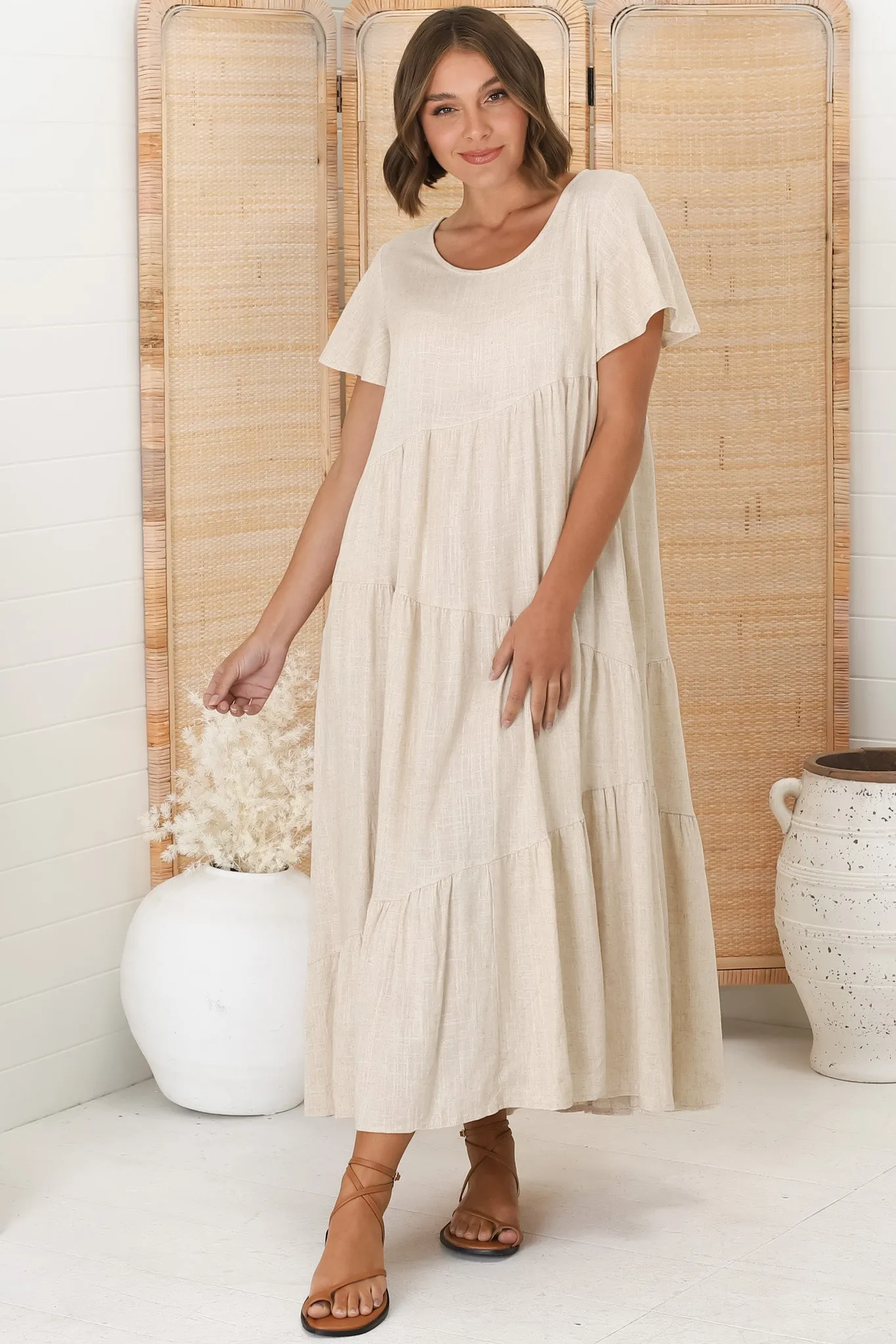 Allegra Midi Dress - Relaxed Asymmetric Tiered Linen Smock Dress in Oat sold by Salty Crush product image thumbnail 5