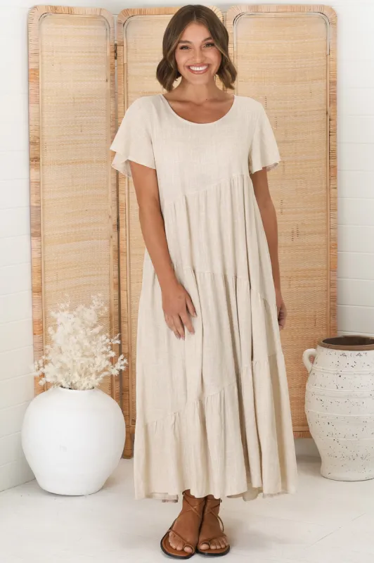 Allegra Midi Dress - Relaxed Asymmetric Tiered Linen Smock Dress in Oat sold by Salty Crush