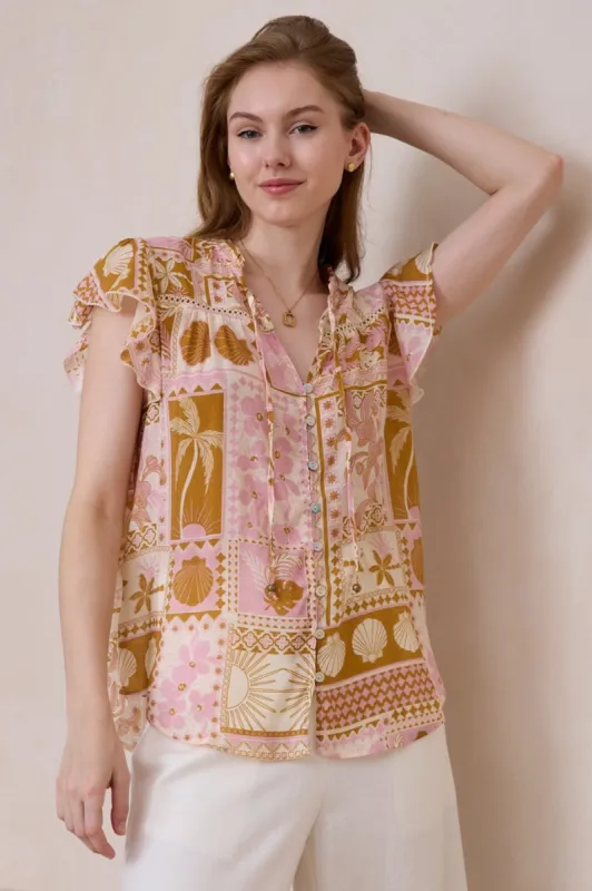 Avril Blouse - Frill Cap Sleeve Button Down in Cersi Print sold by Salty Crush