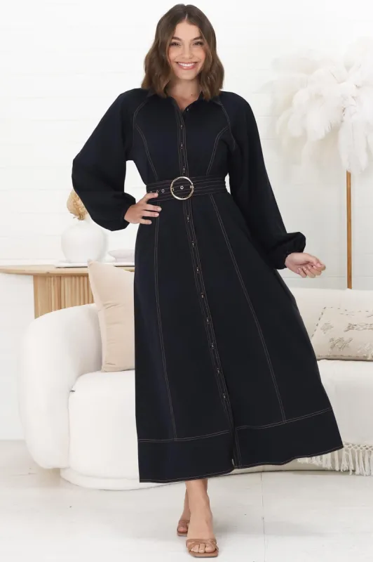 Brunne Maxi Dress - Contrast Stitching Long Balloon Sleeves Maxi Dress sold by Salty Crush