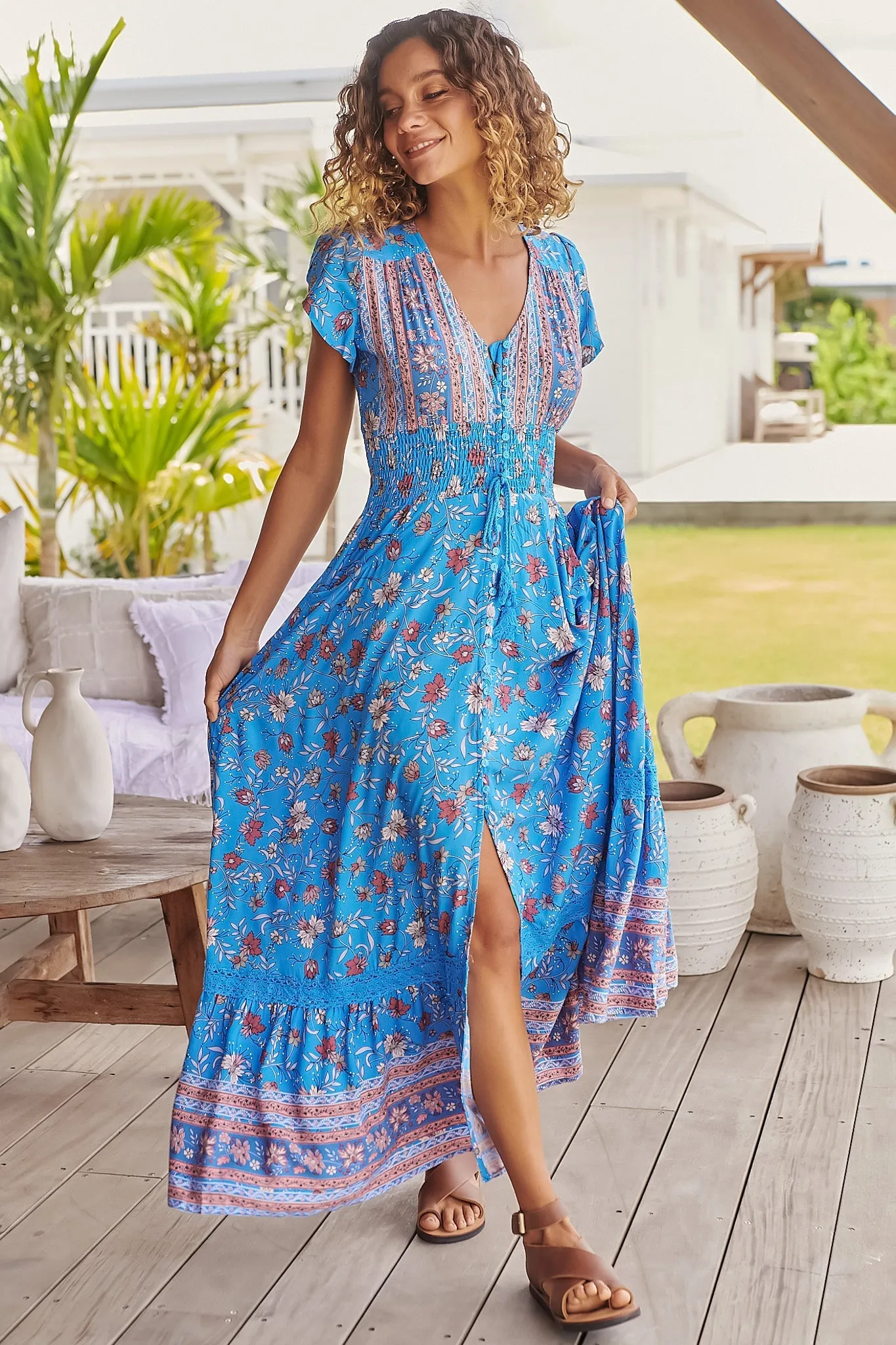 Romi Maxi Dress - Button Down Cap Sleeve Dress with Waist Tie in Josianne Print sold by Salty Crush product image thumbnail 4