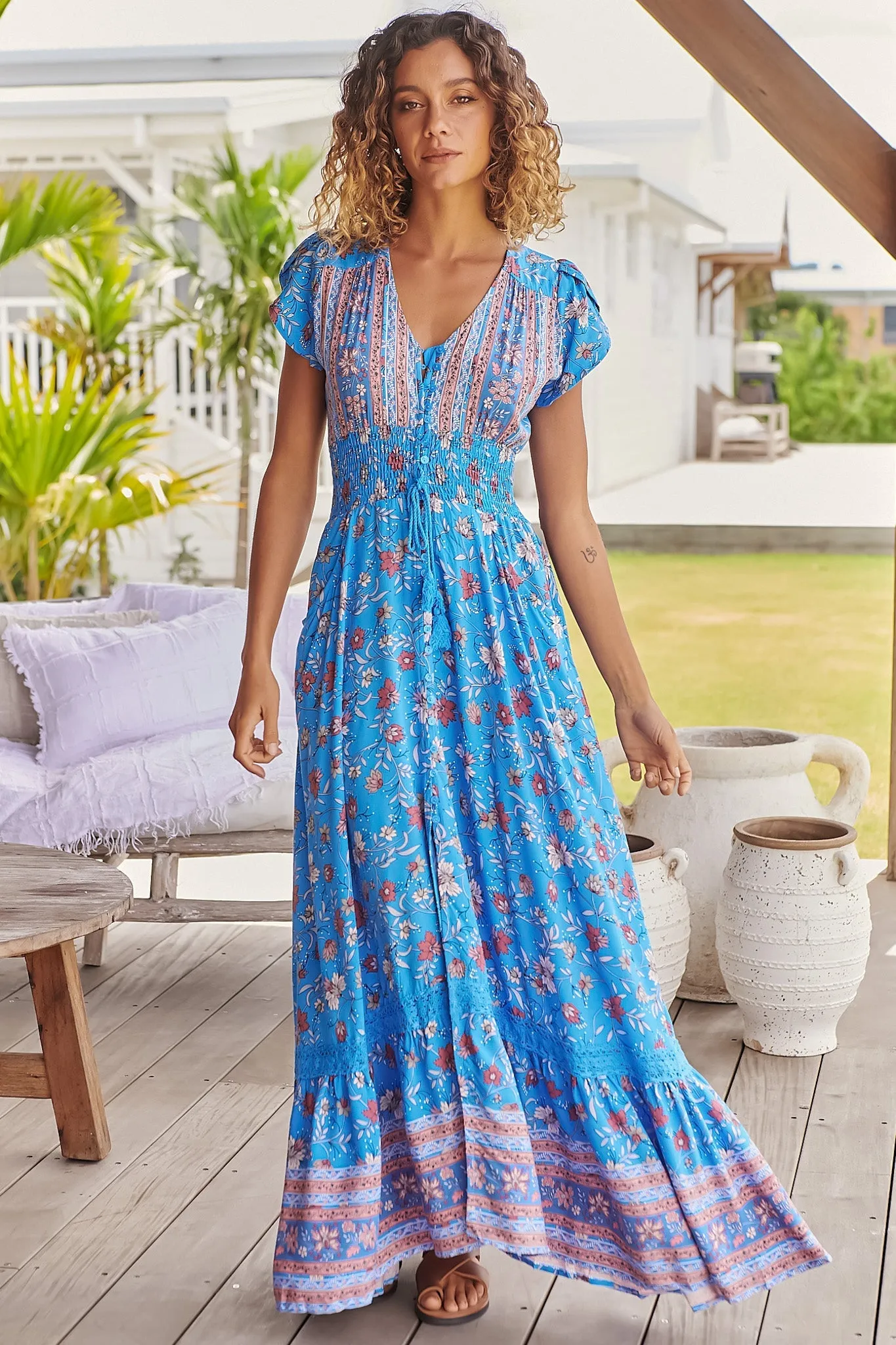 Romi Maxi Dress - Button Down Cap Sleeve Dress with Waist Tie in Josianne Print sold by Salty Crush product image thumbnail 3
