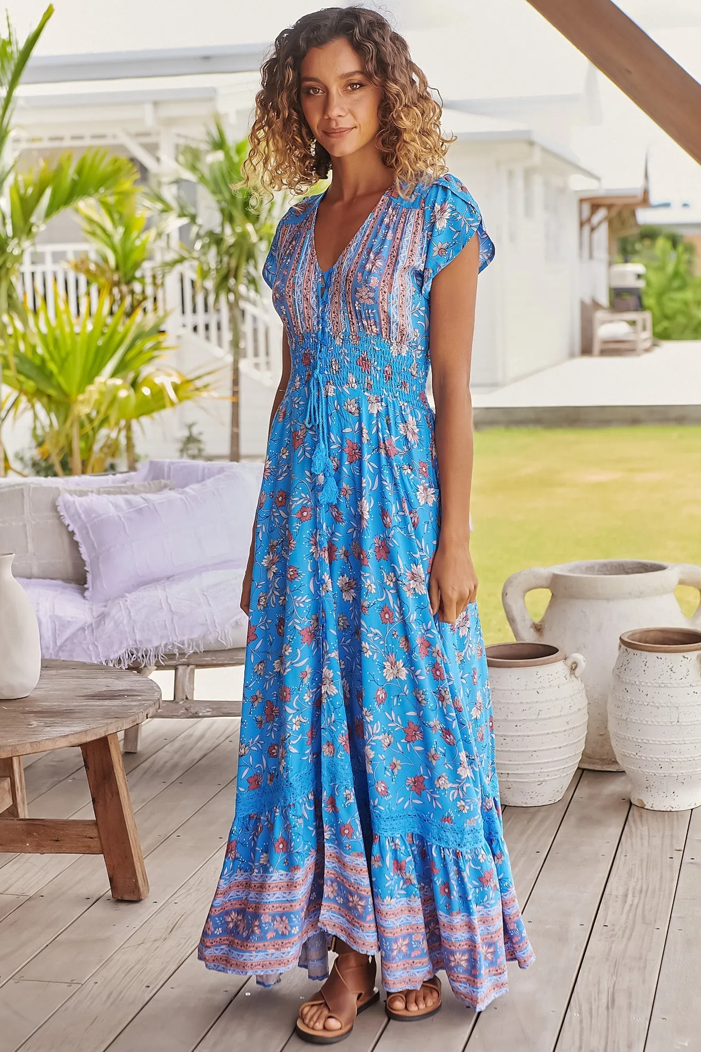 Romi Maxi Dress - Button Down Cap Sleeve Dress with Waist Tie in Josianne Print sold by Salty Crush product image thumbnail 5