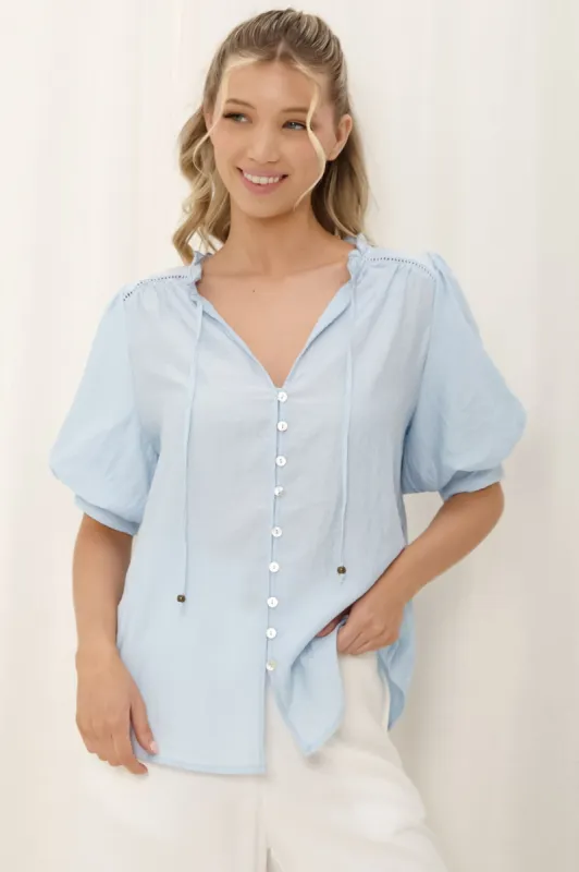 Acacia Blouse - Button Down Short Balloon Sleeve Blouse with Buttoned Cuffs in Light Blue sold by Salty Crush