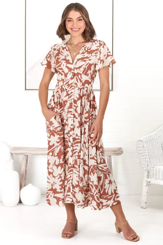 Nova Midi Dress - Flutter Cap Sleeve Tiered Button Down Dress with Pockets in Charis Print Rust sold by Salty Crush