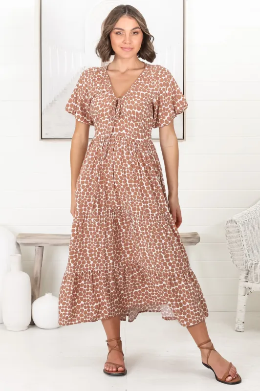 Tea Midi Dress - Pull In V Neckline Dress with Cap Sleeves in Aminah Print Rust sold by Salty Crush