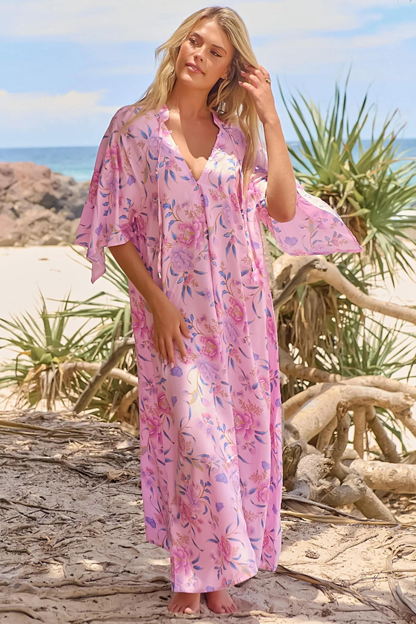 JAASE - Bree Maxi Dress: Handkerchief Sleeve Shift Dress in Enchanted Blooms Print sold by Salty Crush product image thumbnail 4