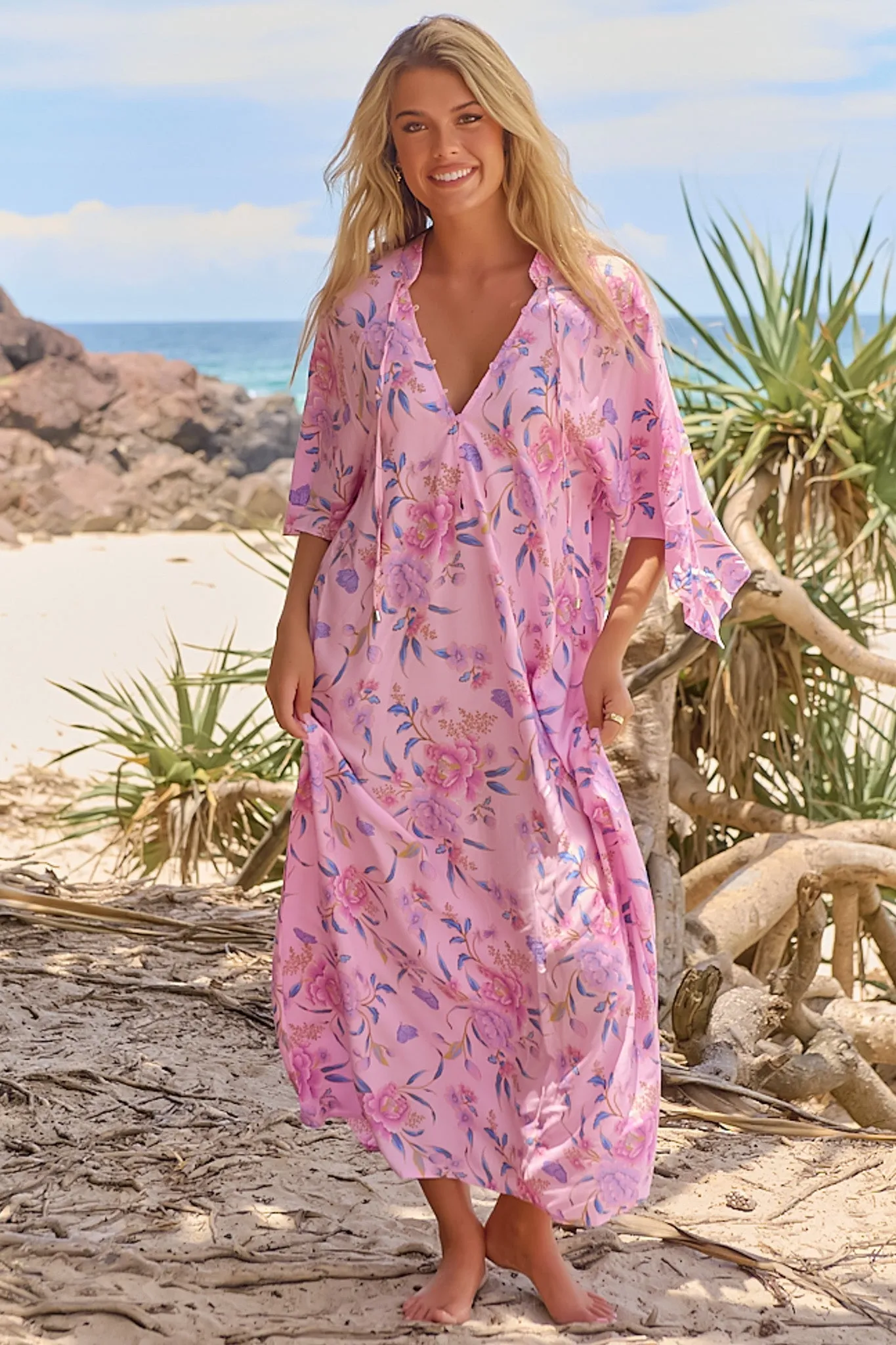 JAASE - Bree Maxi Dress: Handkerchief Sleeve Shift Dress in Enchanted Blooms Print sold by Salty Crush