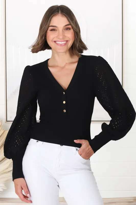 Tara Top - Ribbed Buttoned Detail Top with Cotton Anglaise Sleeves in Black sold by Salty Crush