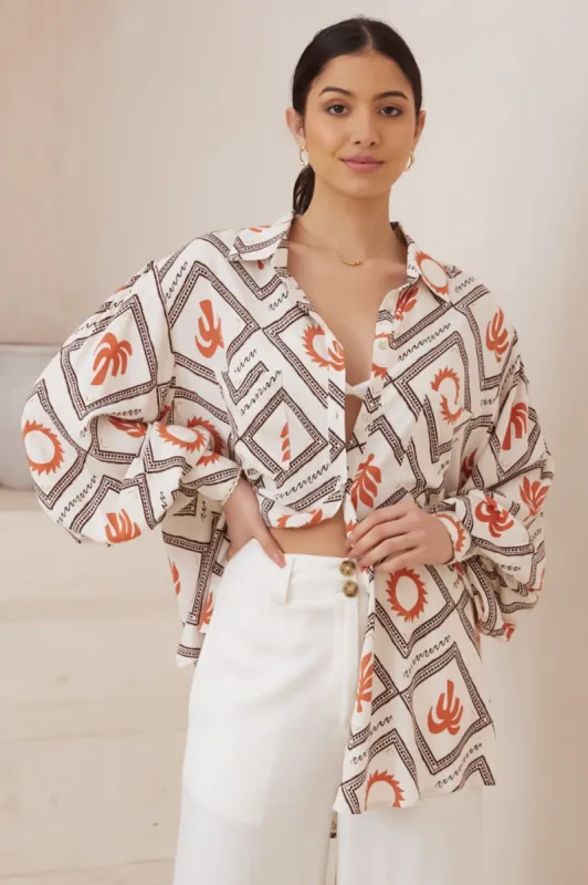 Evana Blouse - Oversized Button Down in Tuscan Sun Print sold by Salty Crush