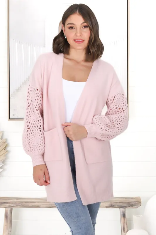 Lorena Cardigan - Holey Knit Sleeve Cardigan in Pink sold by Salty Crush