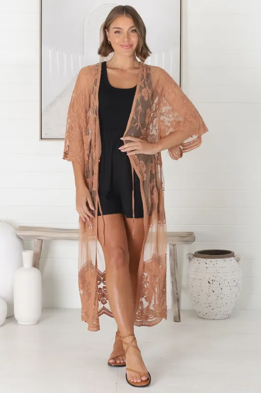 Haylo Kimono - Floral Lace Kimono with Scallop Hemline in Tan sold by Salty Crush