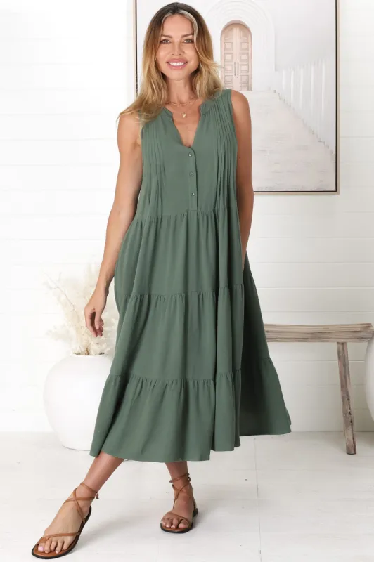 Aurora Midi Dress - Sleeveless Tiered Linen Dress with Pleated Bust in Green sold by Salty Crush