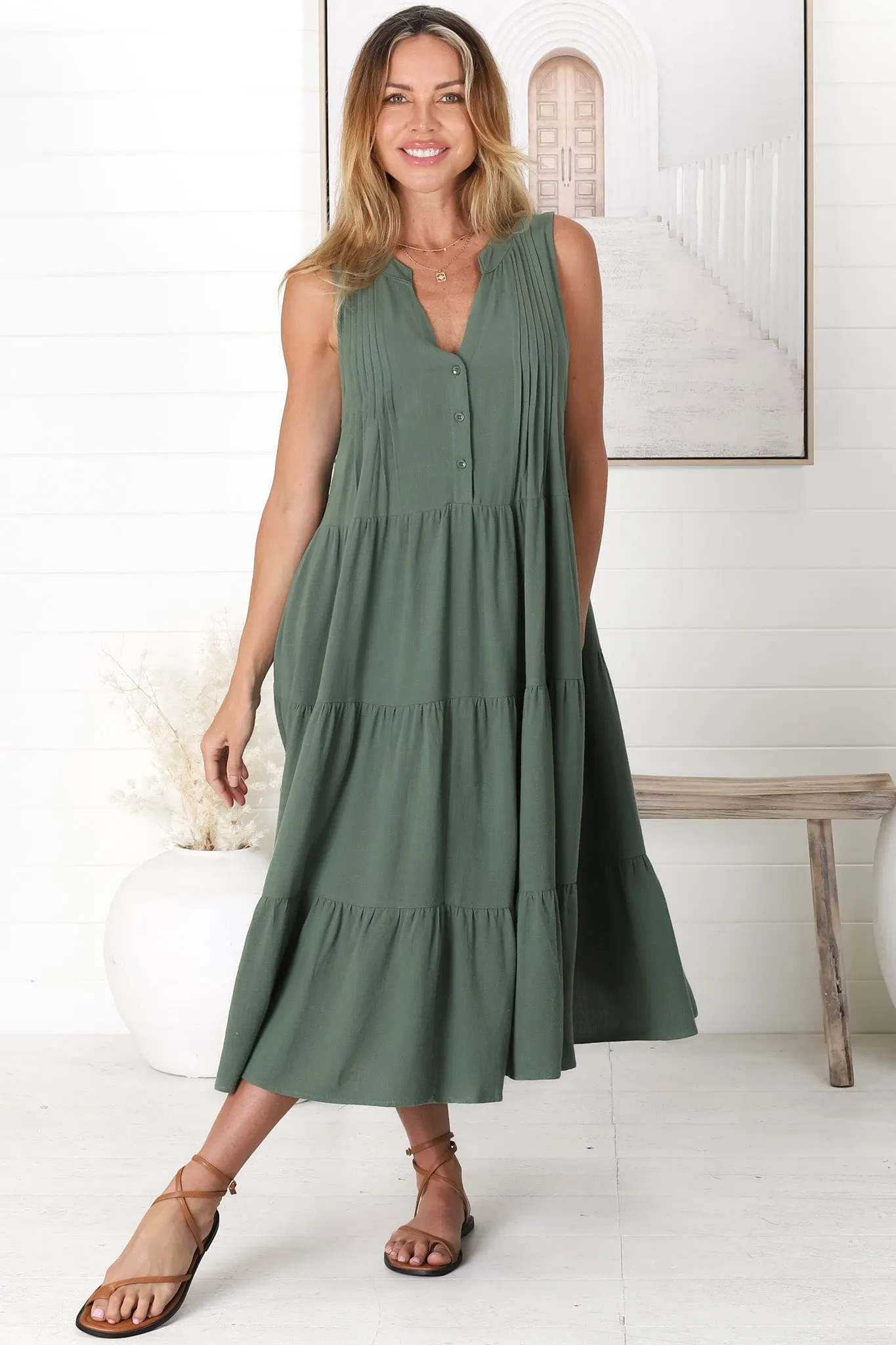Aurora Midi Dress - Sleeveless Tiered Linen Dress with Pleated Bust in Green sold by Salty Crush