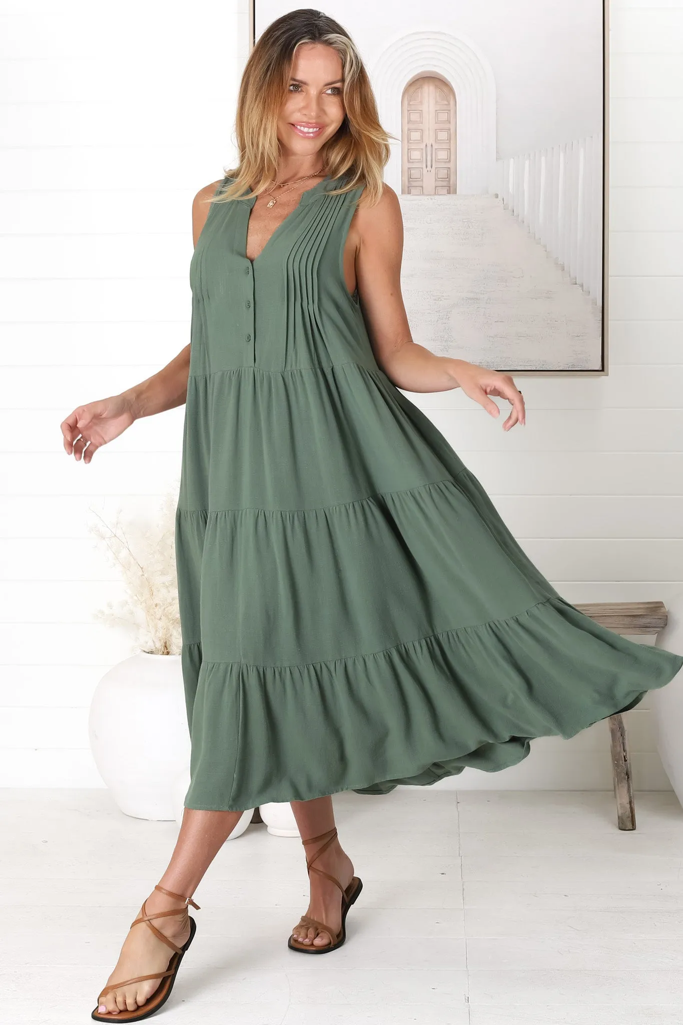 Aurora Midi Dress - Sleeveless Tiered Linen Dress with Pleated Bust in Green sold by Salty Crush product image thumbnail 2