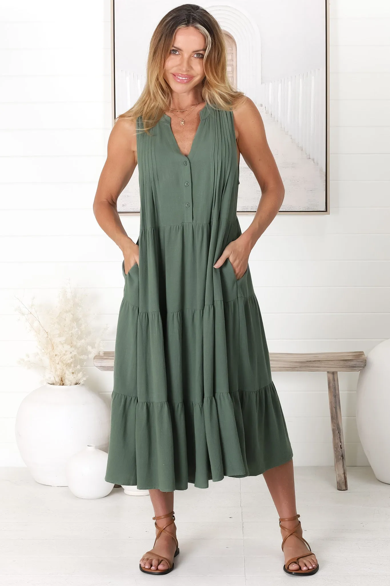 Aurora Midi Dress - Sleeveless Tiered Linen Dress with Pleated Bust in Green sold by Salty Crush product image thumbnail 5