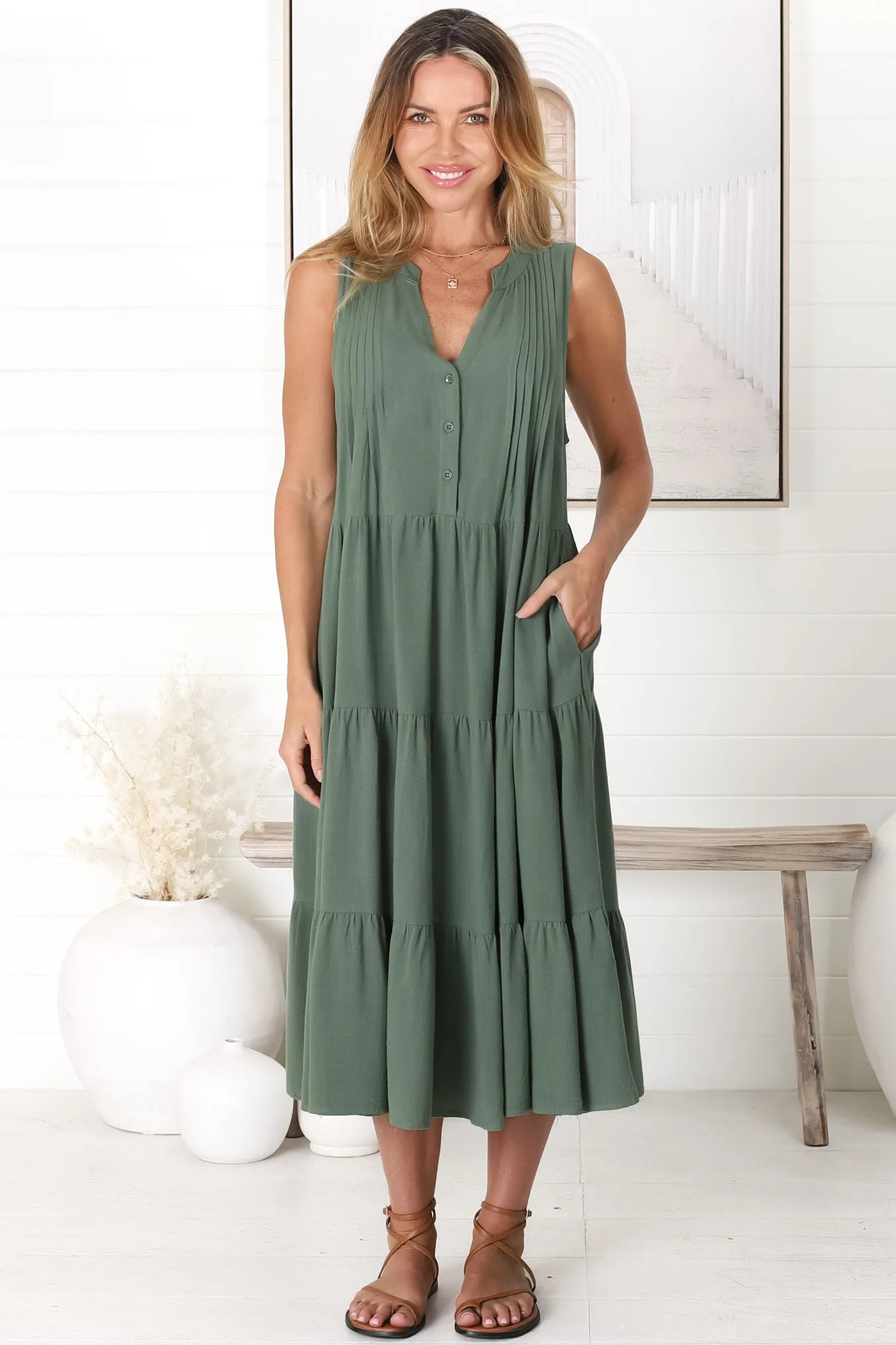 Aurora Midi Dress - Sleeveless Tiered Linen Dress with Pleated Bust in Green sold by Salty Crush product image thumbnail 3