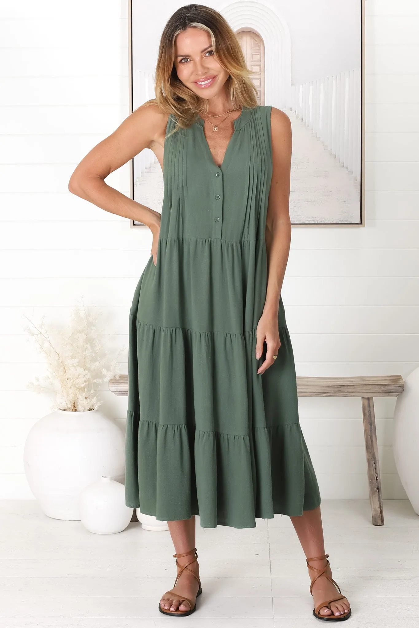 Aurora Midi Dress - Sleeveless Tiered Linen Dress with Pleated Bust in Green sold by Salty Crush product image thumbnail 4