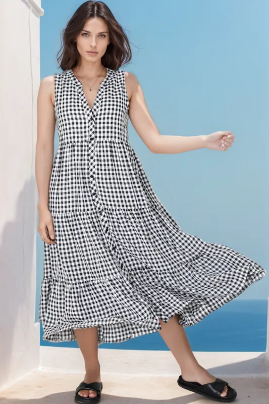 Acelle Midi Dress - Sleeveless Bermuda Collar Button Down Gingham Dress in Black sold by Salty Crush