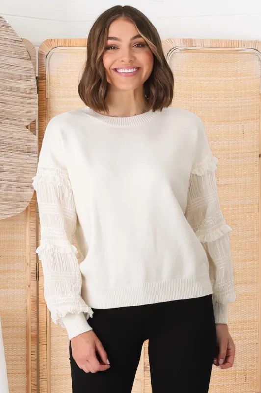 Louisa Knit Jumper - Long Sheer Lace Work Sleeve Jumper in Cream sold by Salty Crush