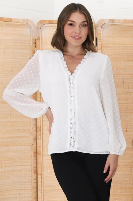 Imogen Blouse - V Neck Lace Trim Pull Over Blouse in White sold by Salty Crush