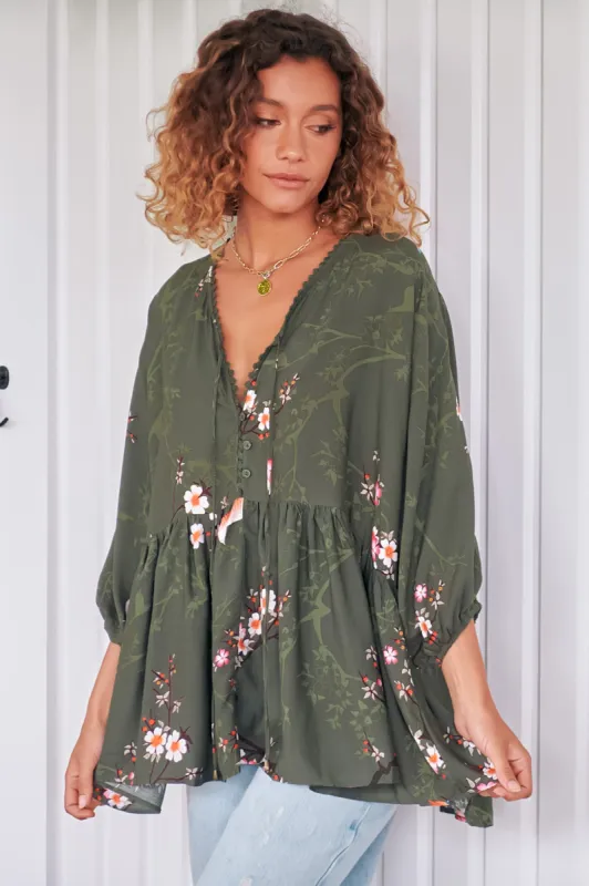 JAASE - Chloe Top: Very Oversized Crochet Trim Neckline Smock Top In Birds Paradise sold by Salty Crush