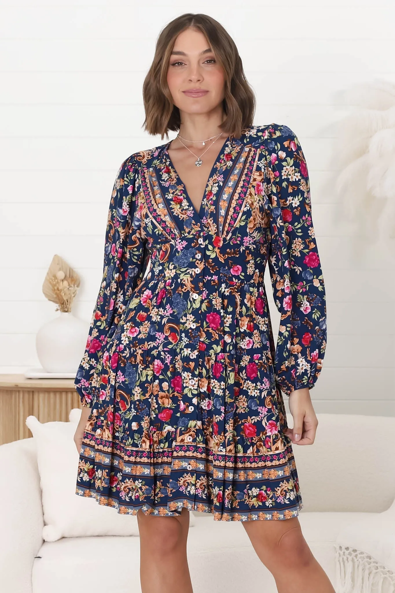 Soho Mini Dress - A Line Button Down Tiered Dress in Elyce Print sold by Salty Crush product image thumbnail 3