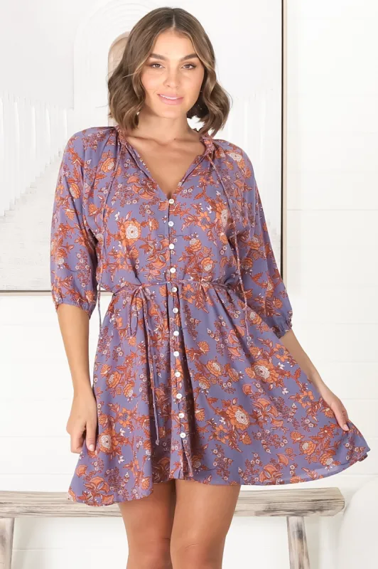 Lolla Mini Dress - V Neck Button Down with Matching Waist Tie Dress in Lori Print sold by Salty Crush