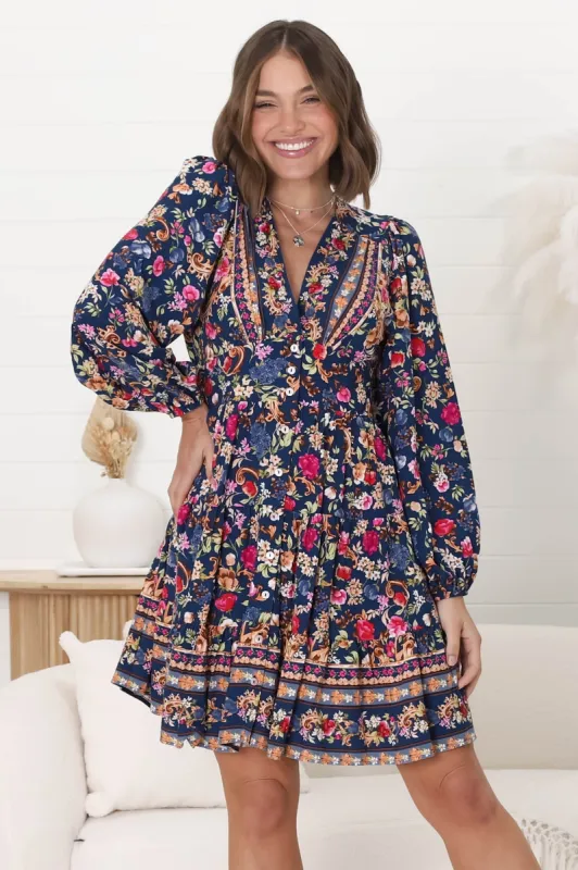 Soho Mini Dress - A Line Button Down Tiered Dress in Elyce Print sold by Salty Crush