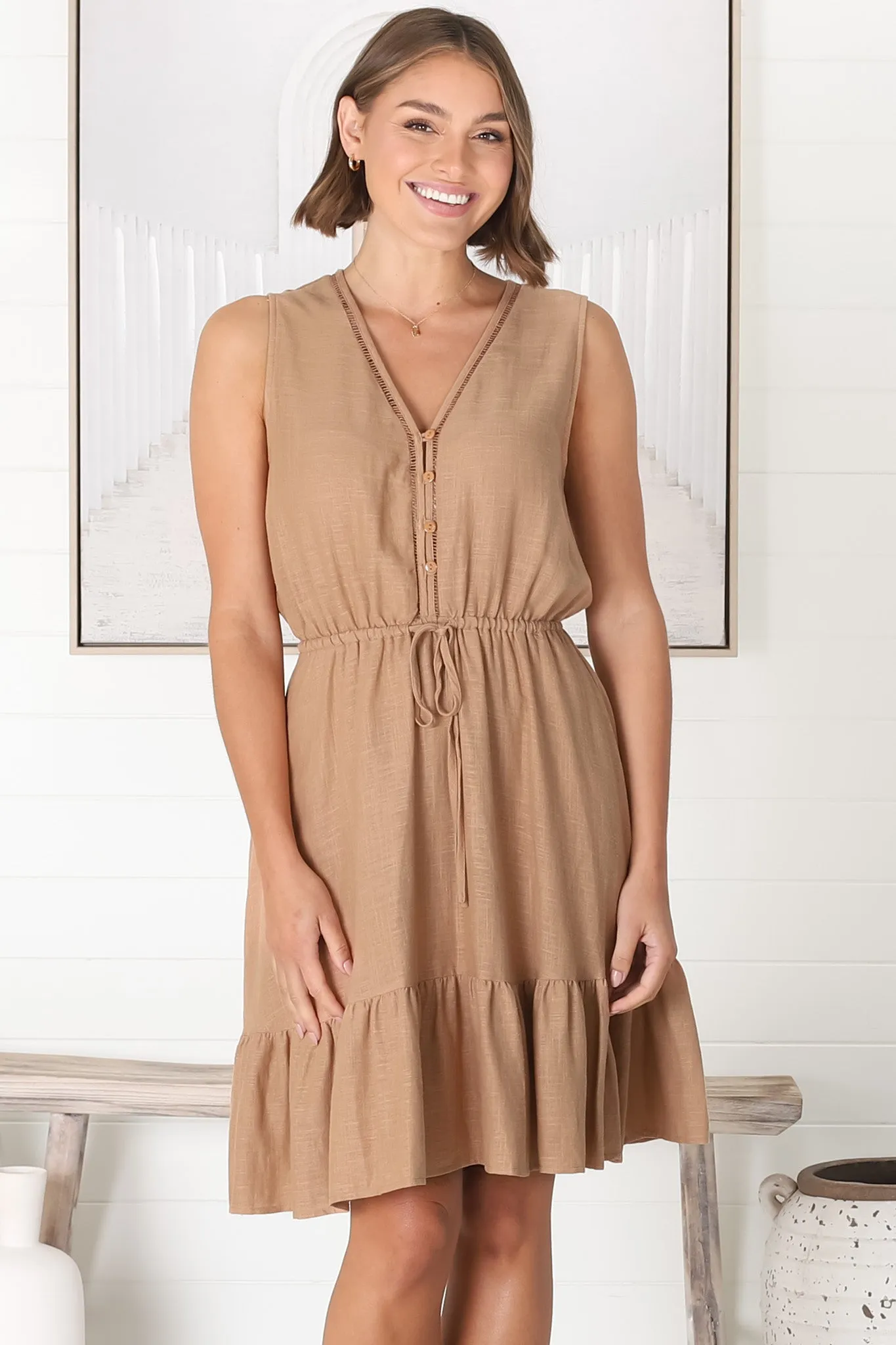 Cia Linen Mini Dress - Sleeveless Crochet Lattice Detail Pull Tie Waist Dress in Tan sold by Salty Crush product image thumbnail 4