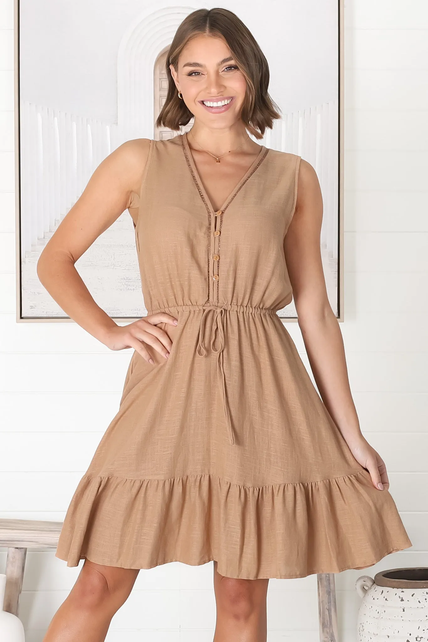 Cia Linen Mini Dress - Sleeveless Crochet Lattice Detail Pull Tie Waist Dress in Tan sold by Salty Crush