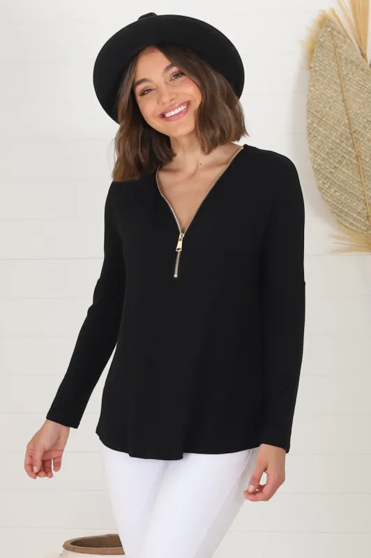 Cecile Top - Zipper Detail V Neck Top in Black sold by Salty Crush