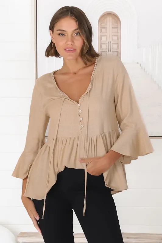 Sandy Top - Crochet Neckline Buttoned Bodice Flare Sleeve Smock Top in Cream sold by Salty Crush